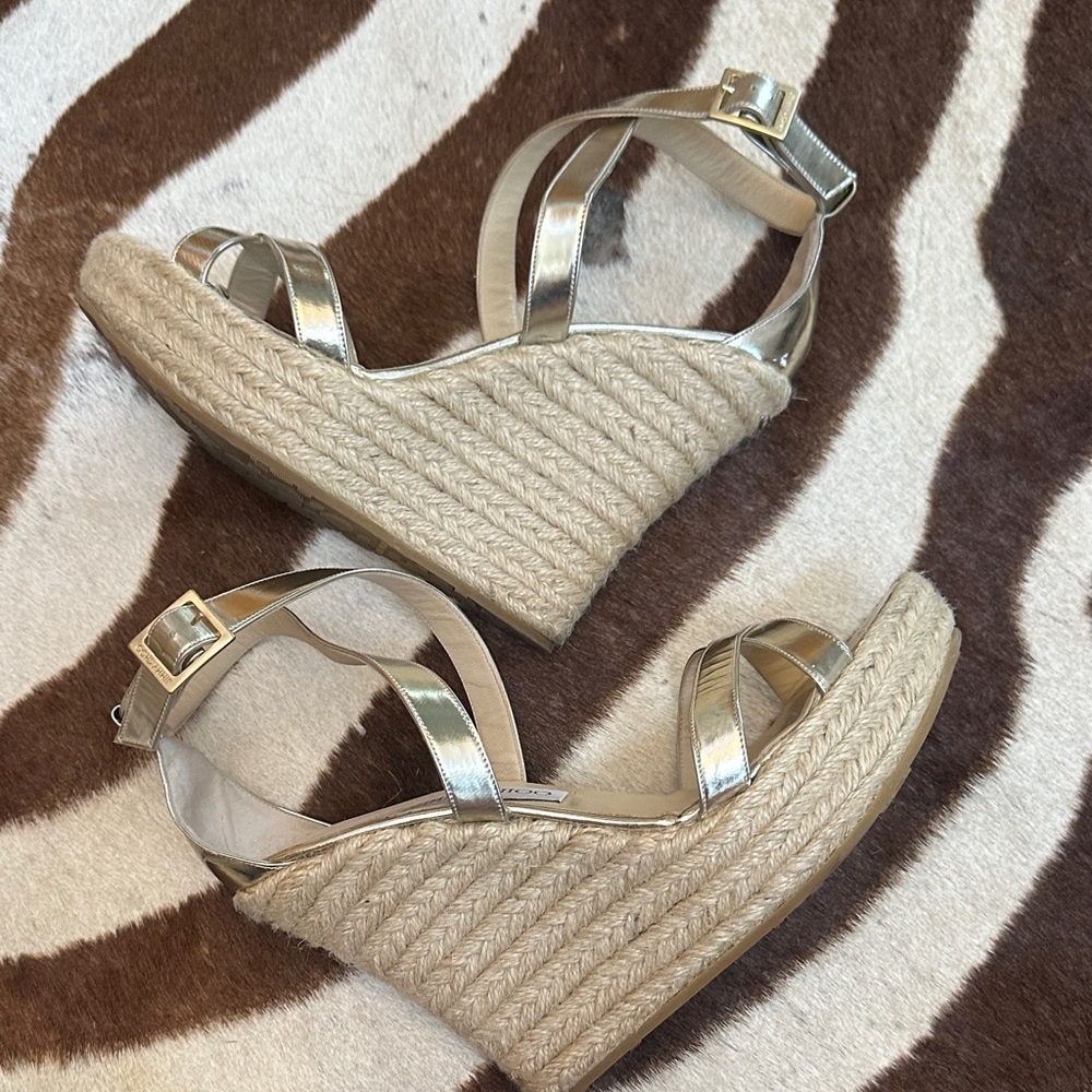 Jimmy Choo Metallic Gold Wedge Sandals - Picture 7 of 9